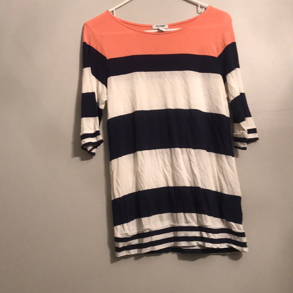 Coral, Navy, and White striped tee